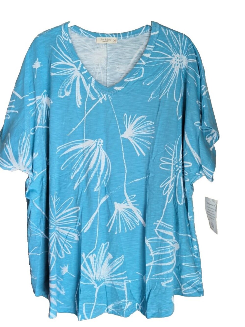 NWT Jess & Jane Lauren Top Size 3X Aqua Floral Beachy Resortwear Coastal Grandma